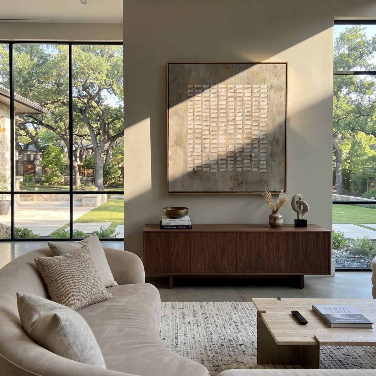 Umber Linen Slate Rhythm Rain - textured abstract painting shown in modern room setting 2