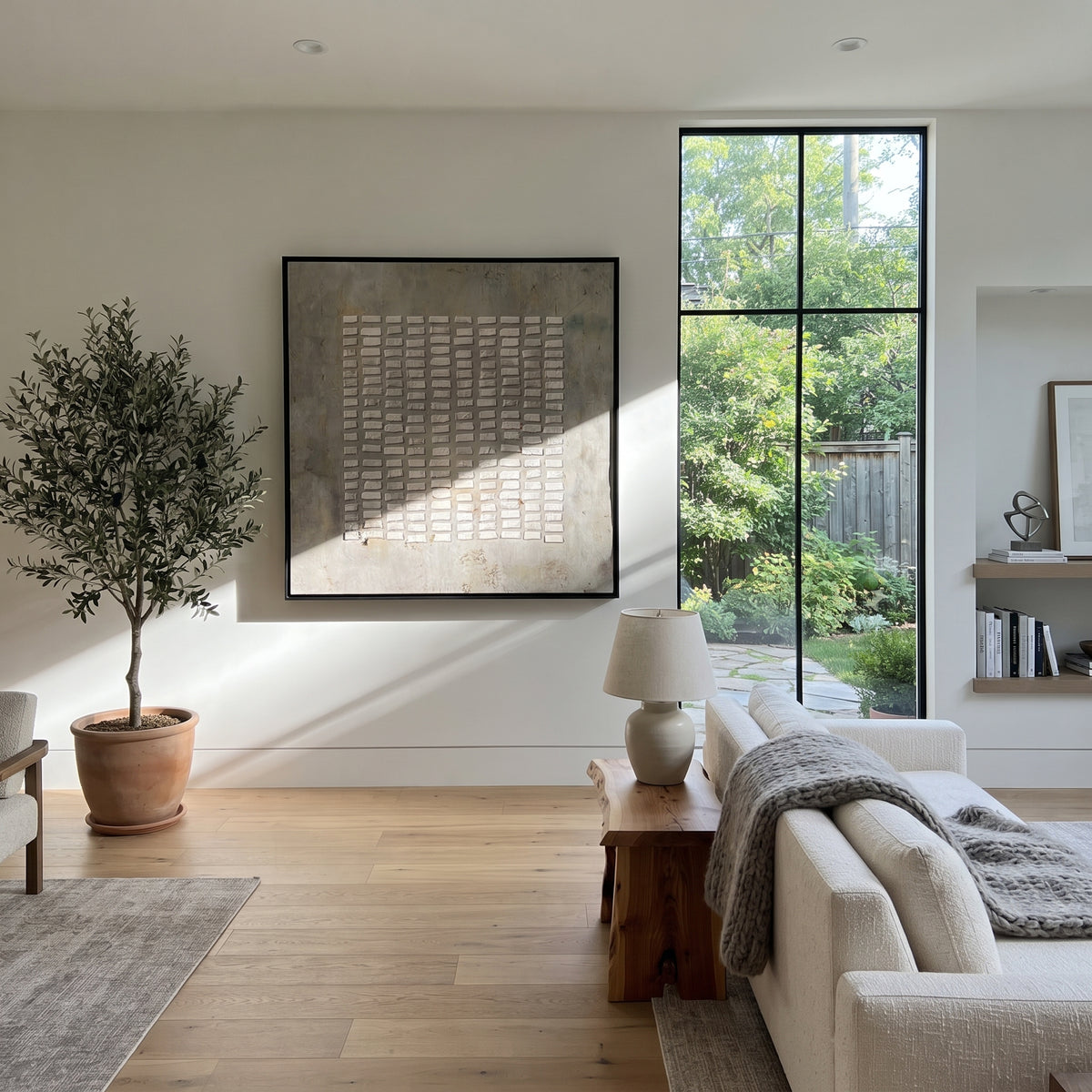 Umber Linen Slate Rhythm Rain - textured abstract painting shown in modern room setting 4