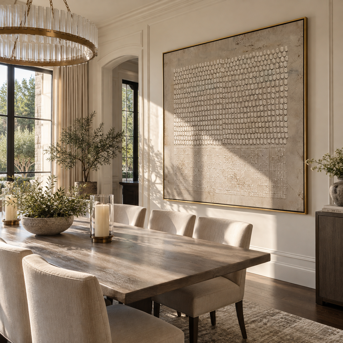 Linen Slate Umber Relief Cadence - textured abstract painting displayed in a styled interior