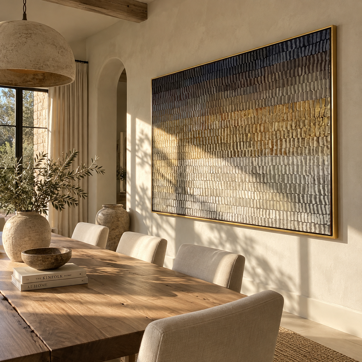Umber Linen Onyx Terraces Interval - textured abstract painting displayed in a styled interior