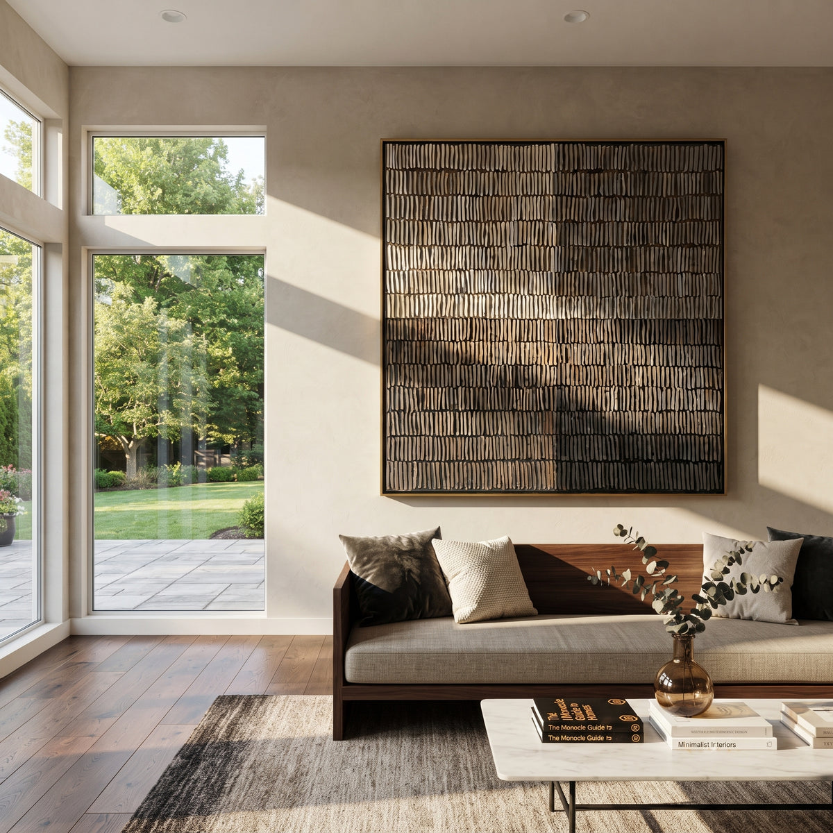 Umber Linen Onyx Horizon Distance - textured abstract painting shown in modern room setting 2