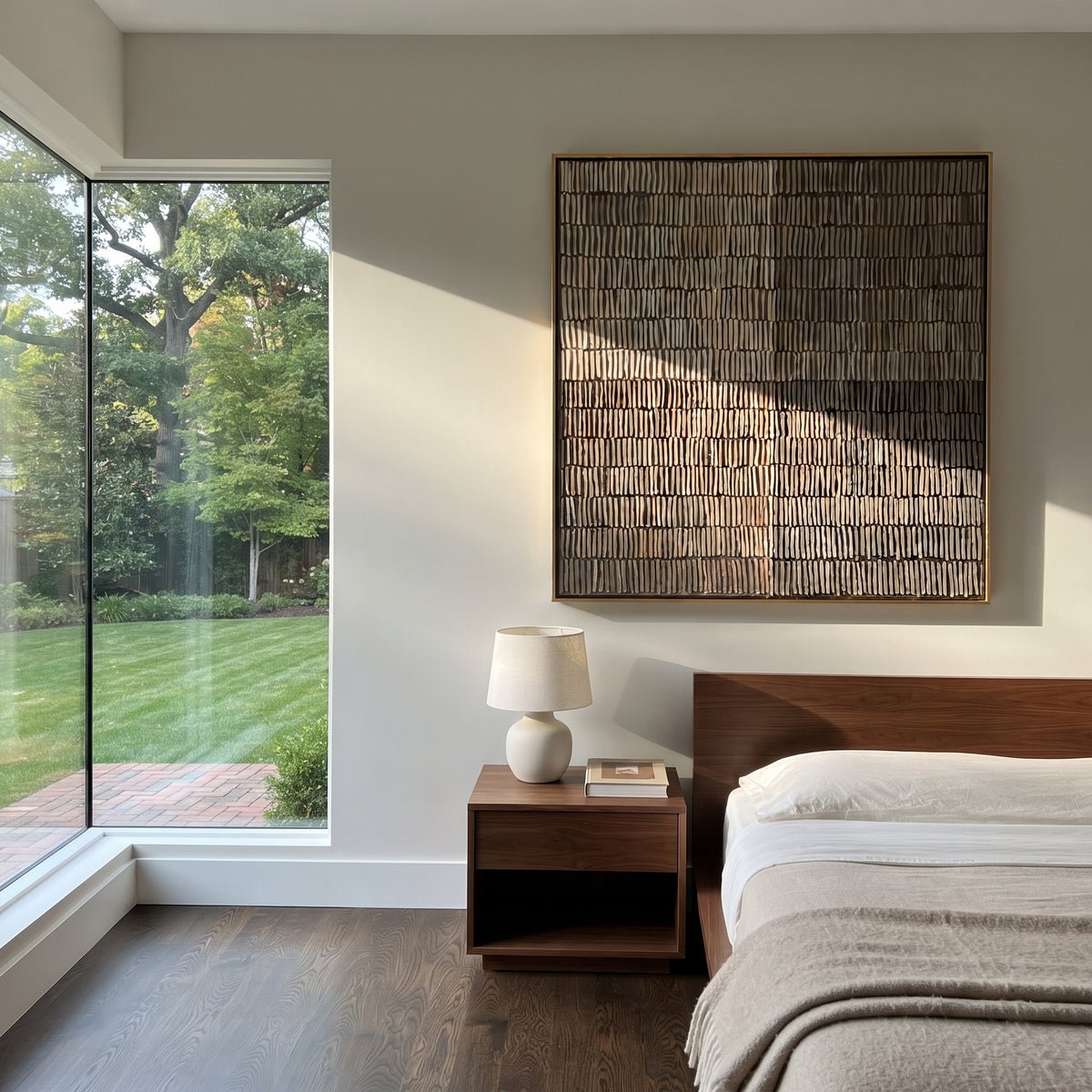 Umber Linen Onyx Horizon Distance - textured abstract painting shown in modern room setting 3