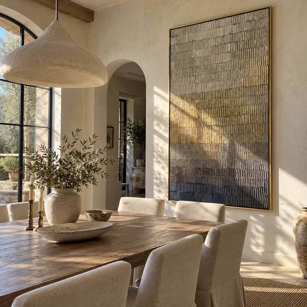 Umber Linen Onyx Fragments Light - textured abstract painting displayed in a styled interior