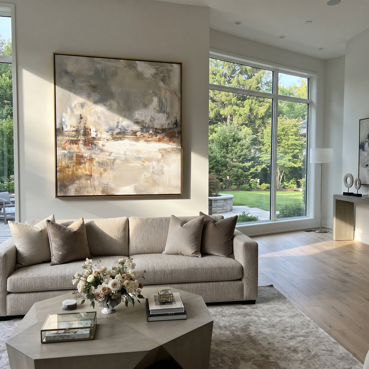 Slate Linen Umber Field Tension - textured abstract painting shown in modern room setting 2