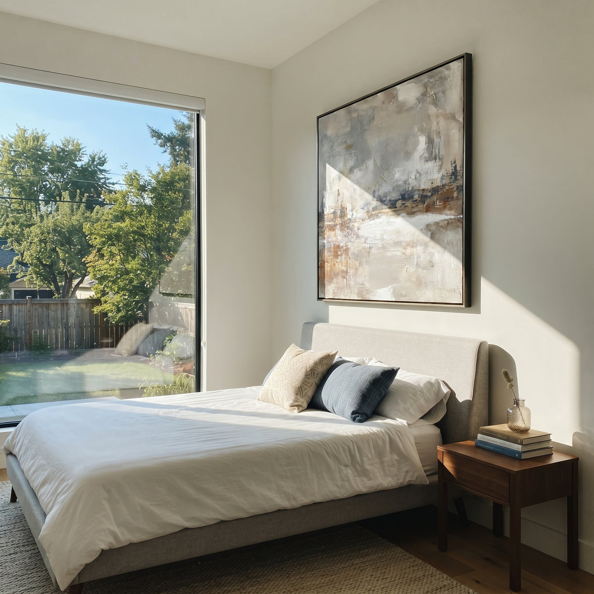 Slate Linen Umber Field Tension - textured abstract painting shown in modern room setting 3