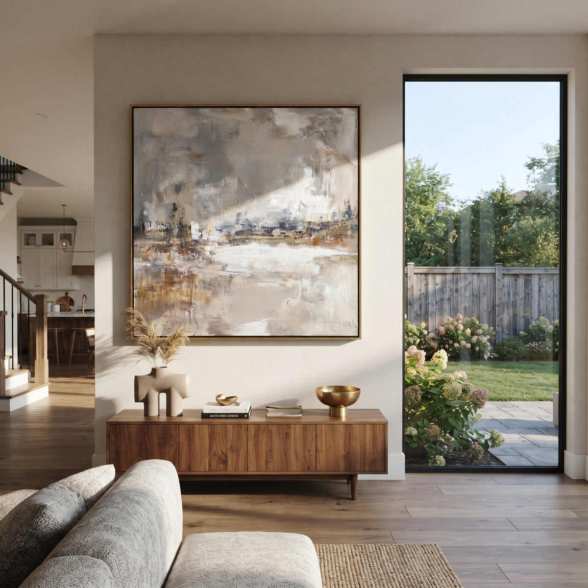 Slate Linen Umber Field Tension - textured abstract painting shown in modern room setting 4