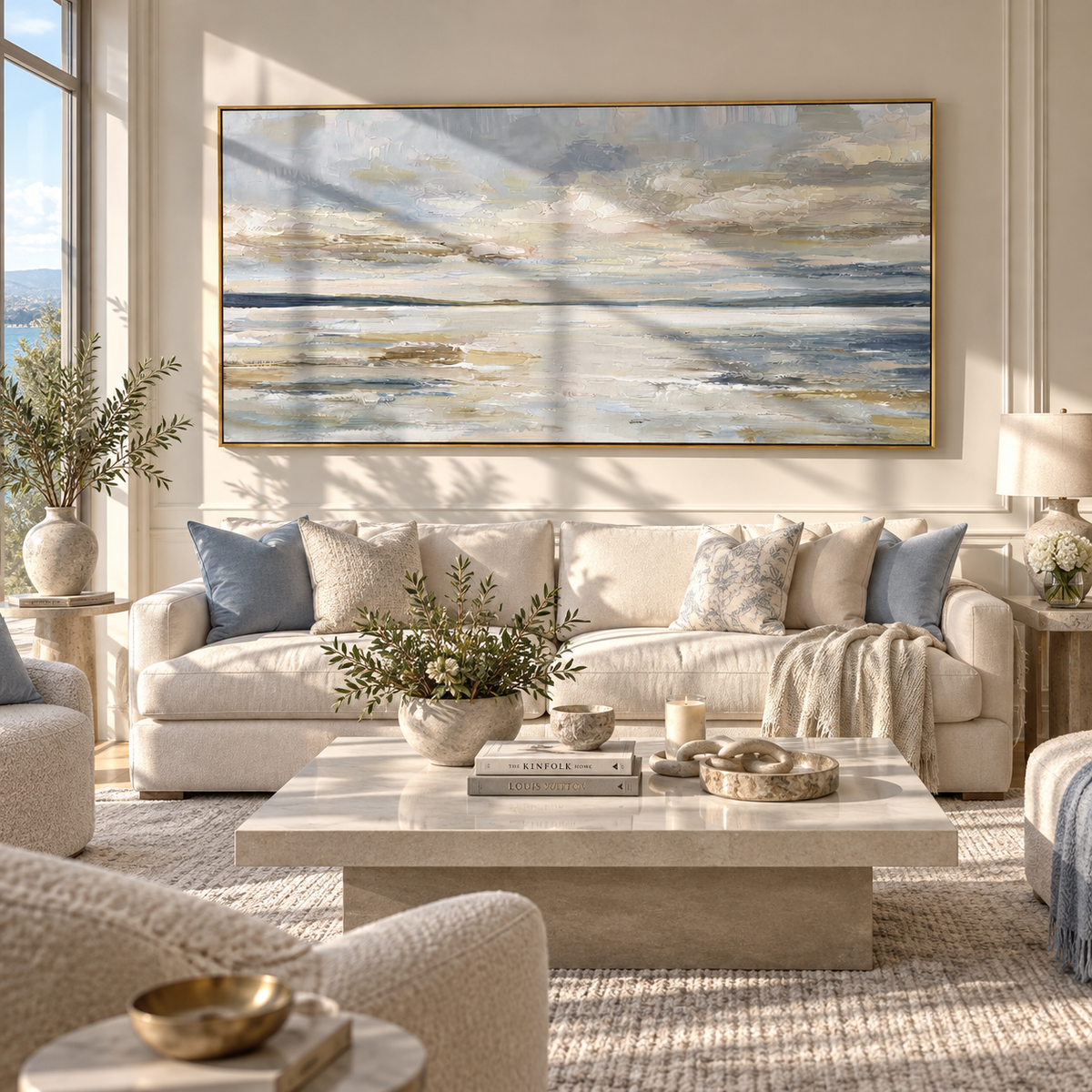 Slate Linen Horizon Currents Form - textured landscape painting shown in modern room setting 2