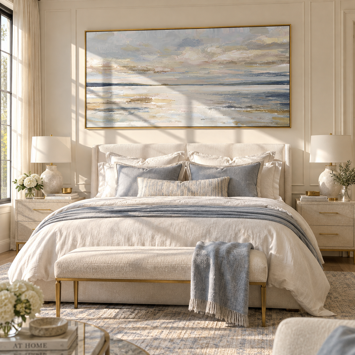 Slate Linen Horizon Currents Form - textured landscape painting shown in modern room setting 3