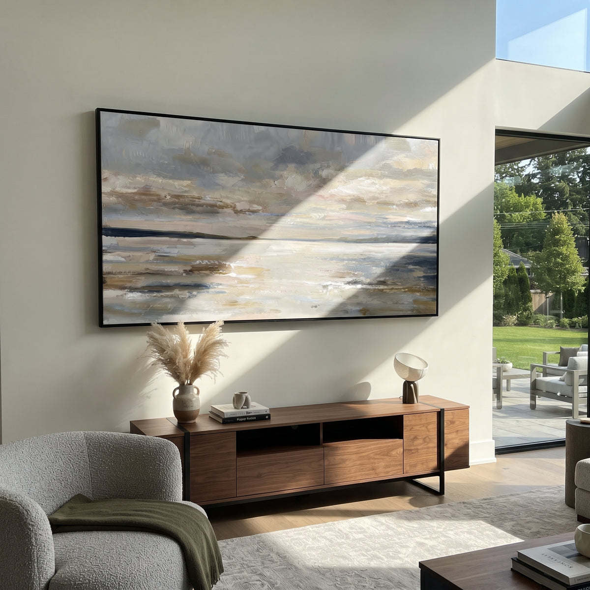 Slate Linen Horizon Currents Form - textured landscape painting shown in modern room setting 4