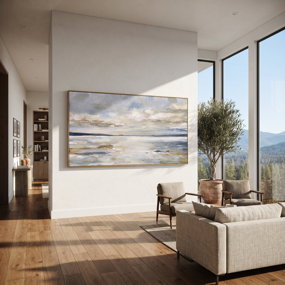 Slate Linen Horizon Currents Form - textured landscape painting shown in modern room setting 5