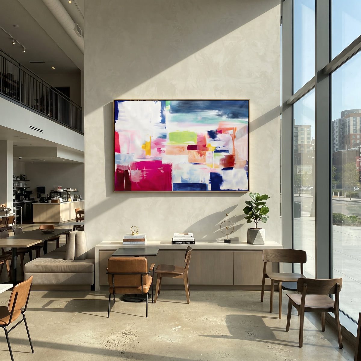 Ivory Azure Slate Layers Motion - textured abstract painting shown in modern room setting 5