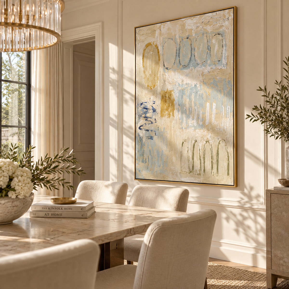 Linen Slate Onyx Drift Pause - textured abstract painting displayed in a styled interior