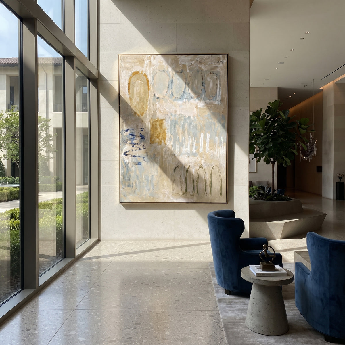Linen Slate Onyx Drift Pause - textured abstract painting shown in modern room setting 5
