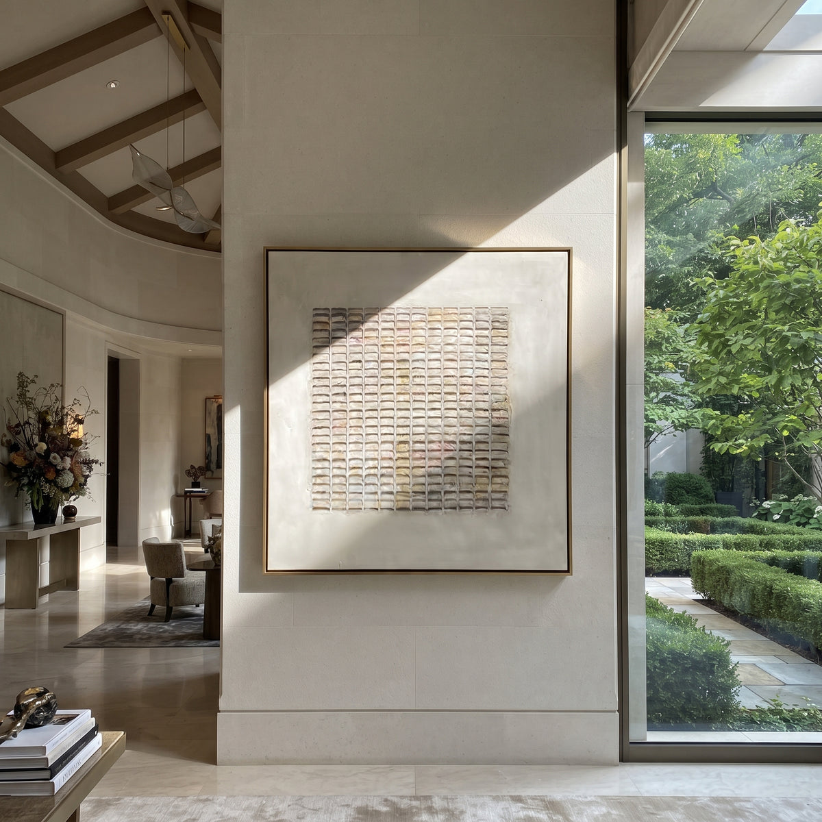 Slate Linen Umber Contours Balance - textured abstract painting displayed in a styled interior