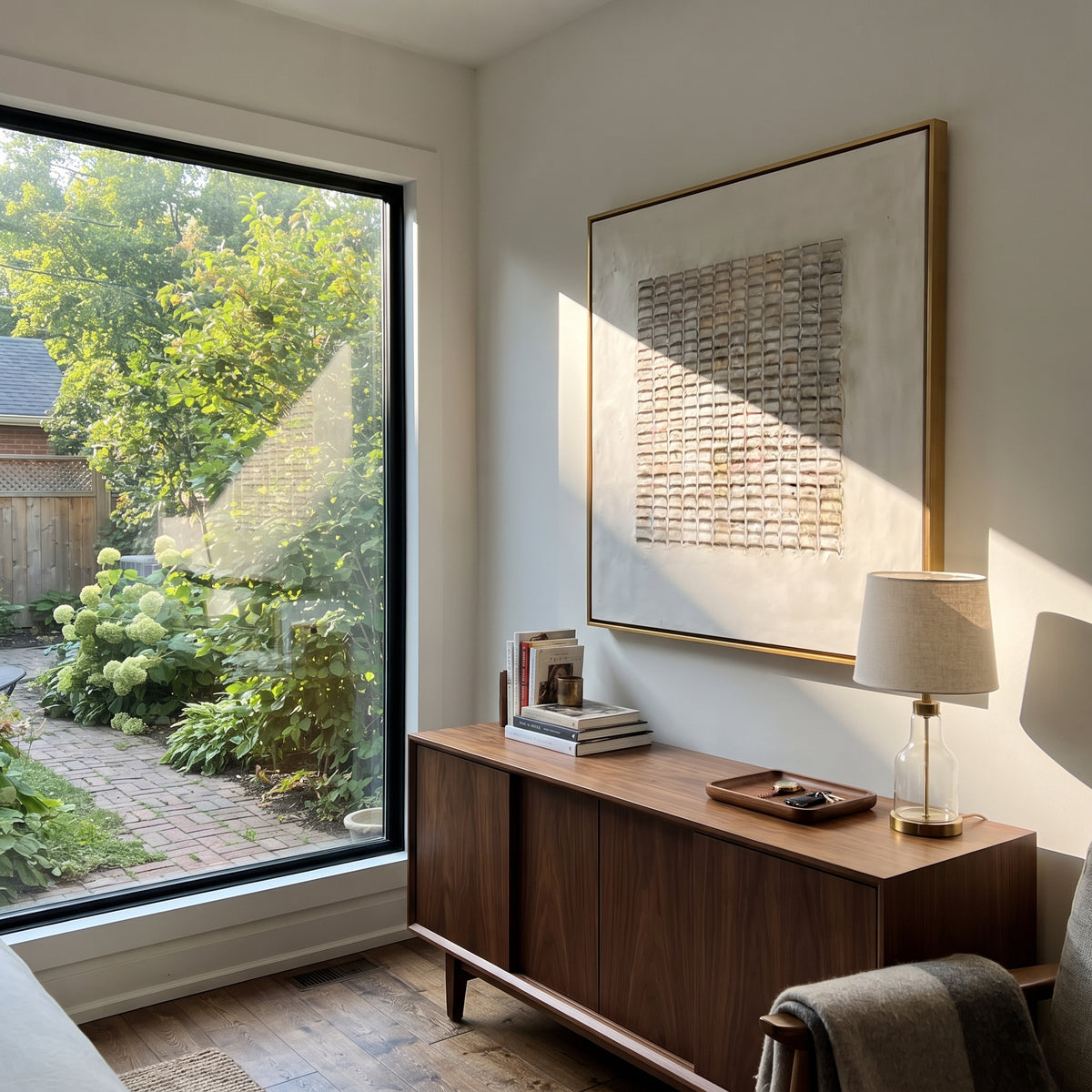 Slate Linen Umber Contours Balance - textured abstract painting shown in modern room setting 3