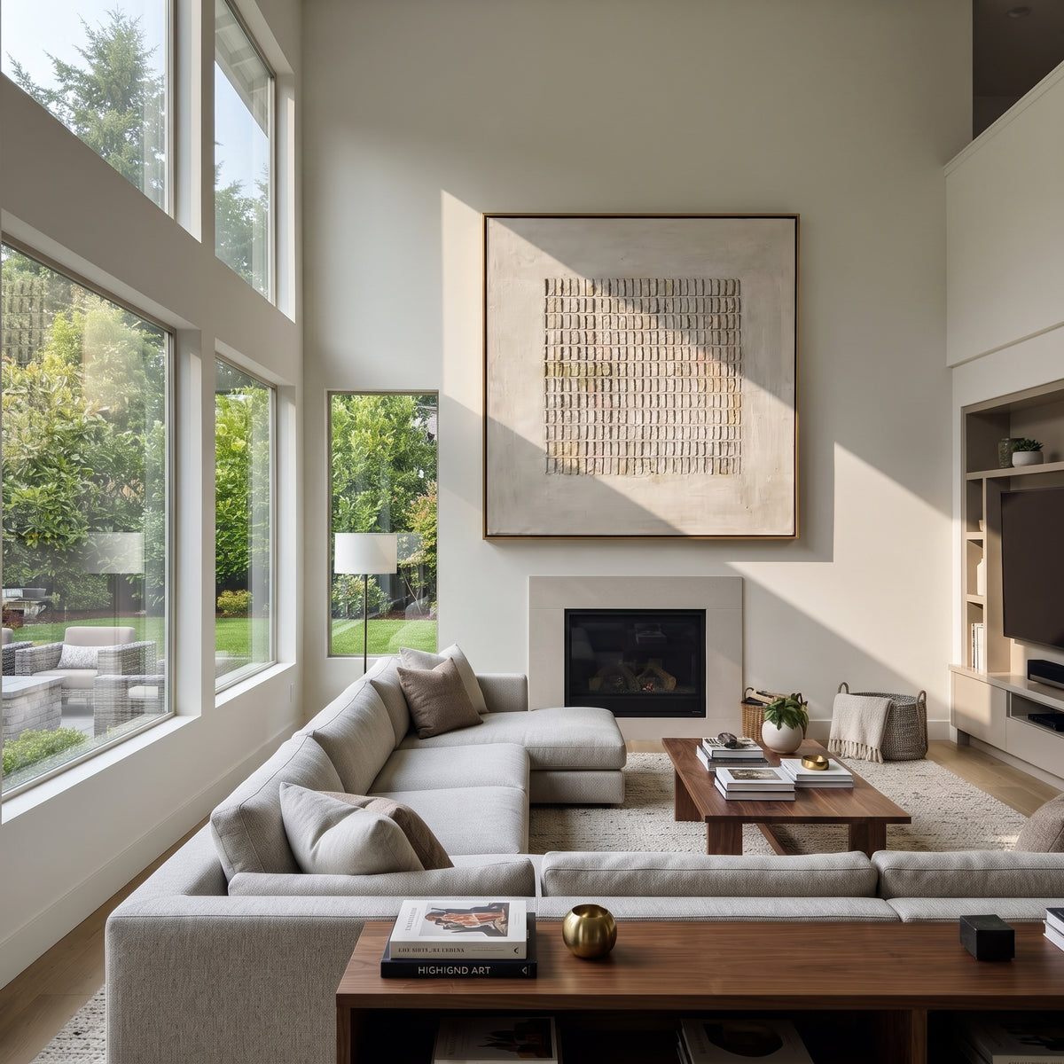 Linen Slate Umber Crossing Resonance - textured abstract painting shown in modern room setting 2