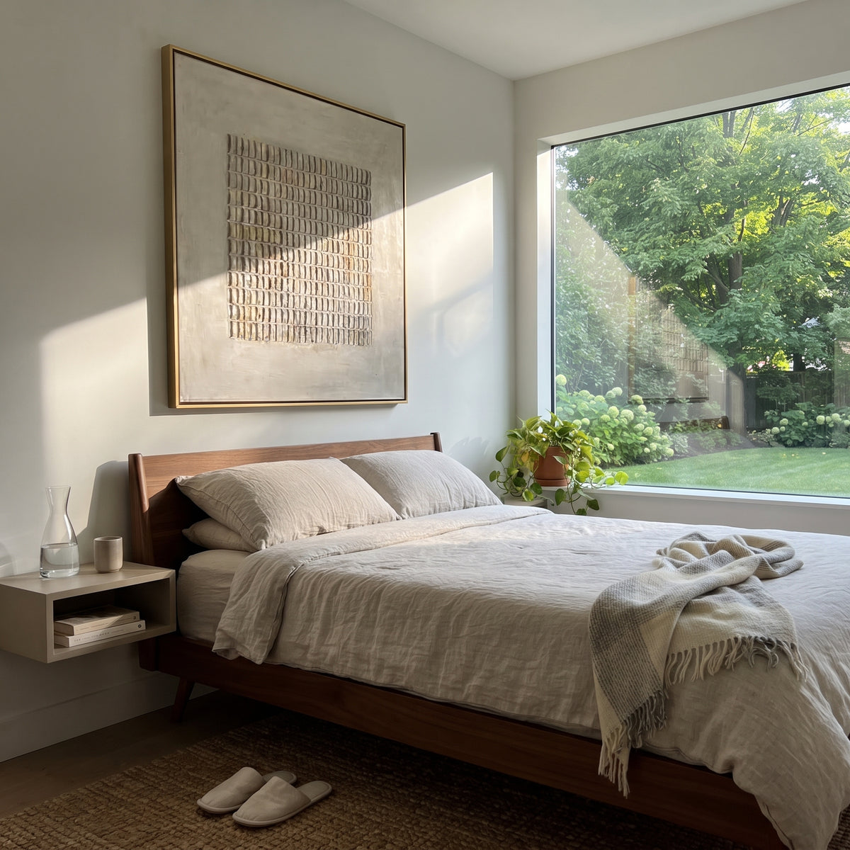 Linen Slate Umber Crossing Resonance - textured abstract painting shown in modern room setting 3