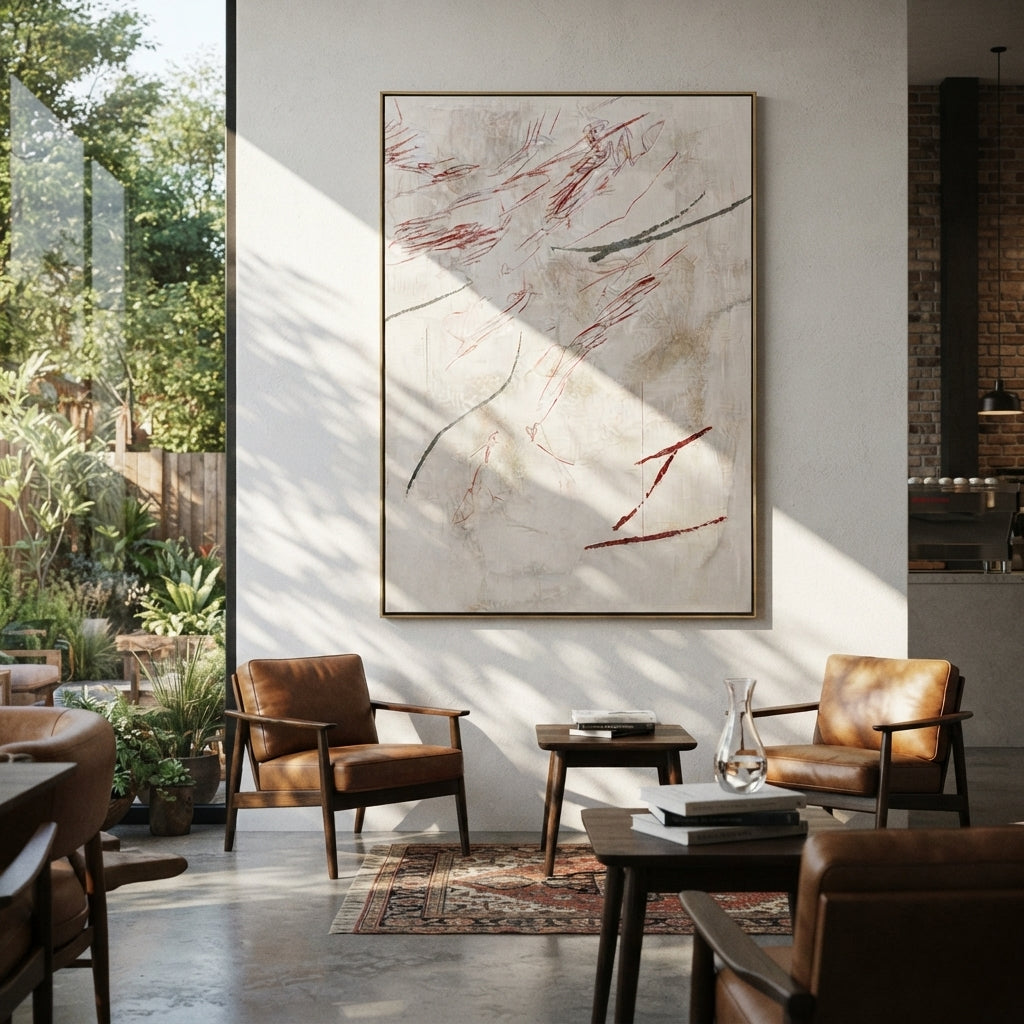 Slate Linen Onyx Rhythm Stillness - textured abstract painting displayed in a styled interior