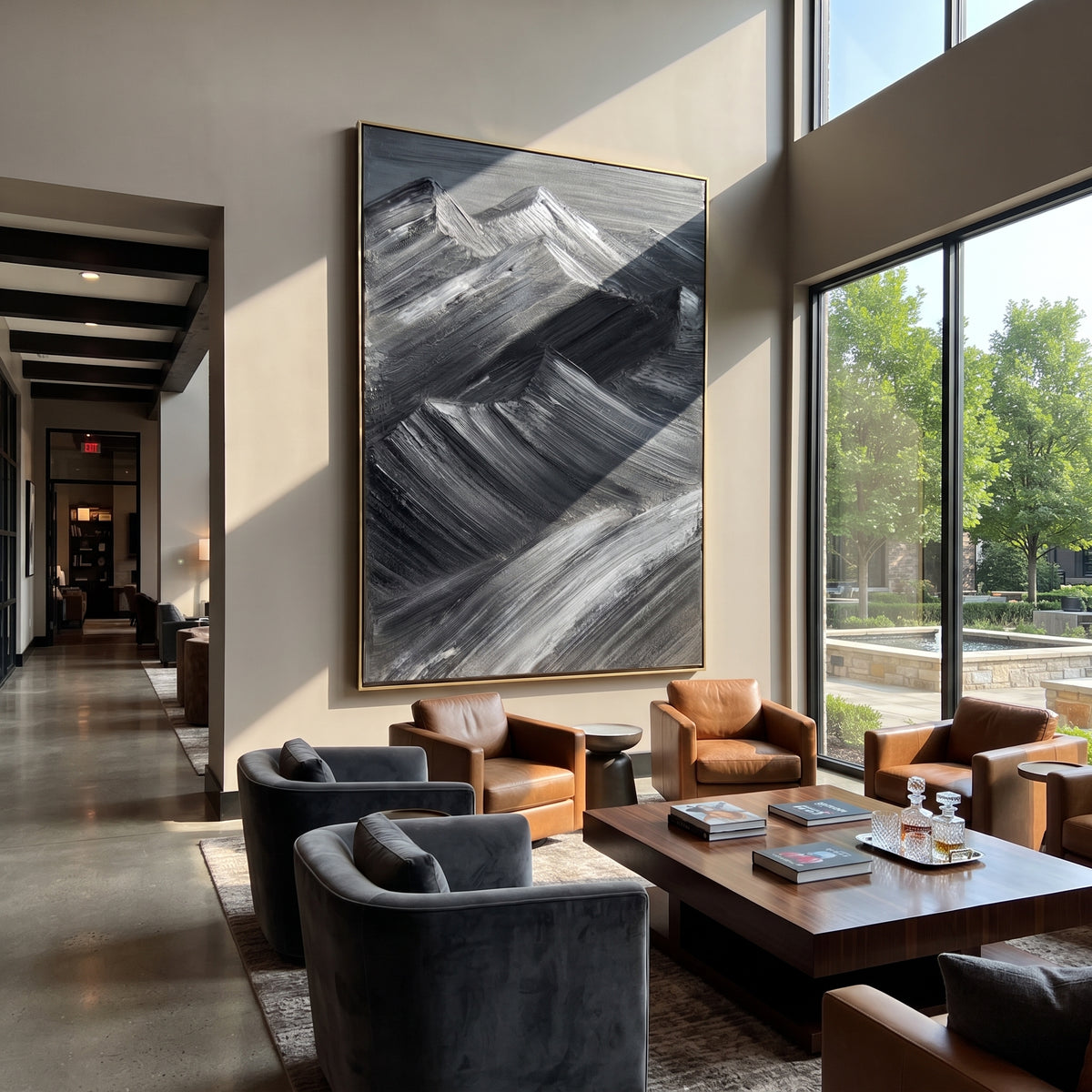 Slate Onyx Horizon Fragments Interval - textured landscape painting displayed in a styled interior