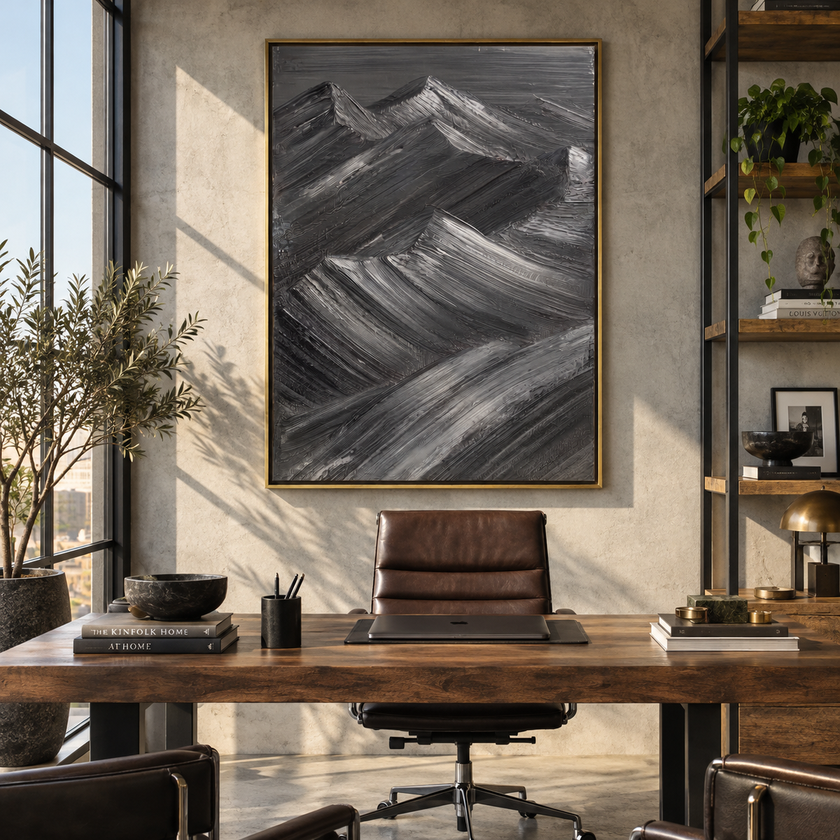 Slate Onyx Horizon Fragments Interval - textured landscape painting shown in modern room setting 5