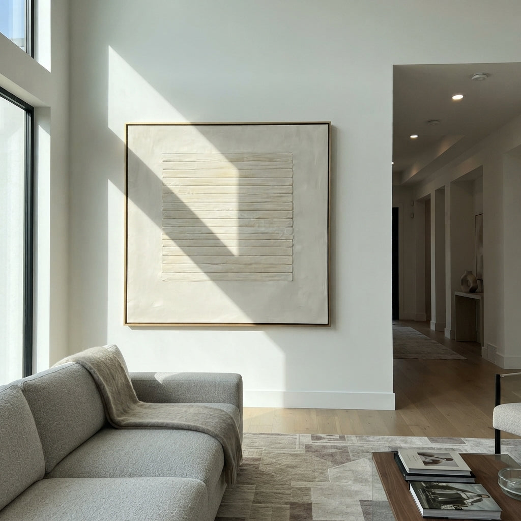 Slate Linen Umber Field Distance - textured abstract painting displayed in a styled interior