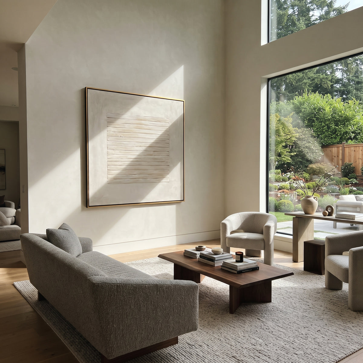 Slate Linen Umber Field Distance - textured abstract painting shown in modern room setting 2