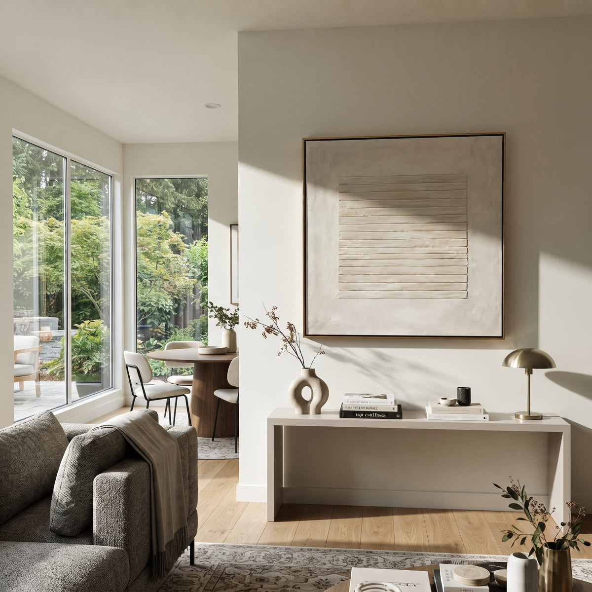 Slate Linen Umber Field Distance - textured abstract painting shown in modern room setting 4