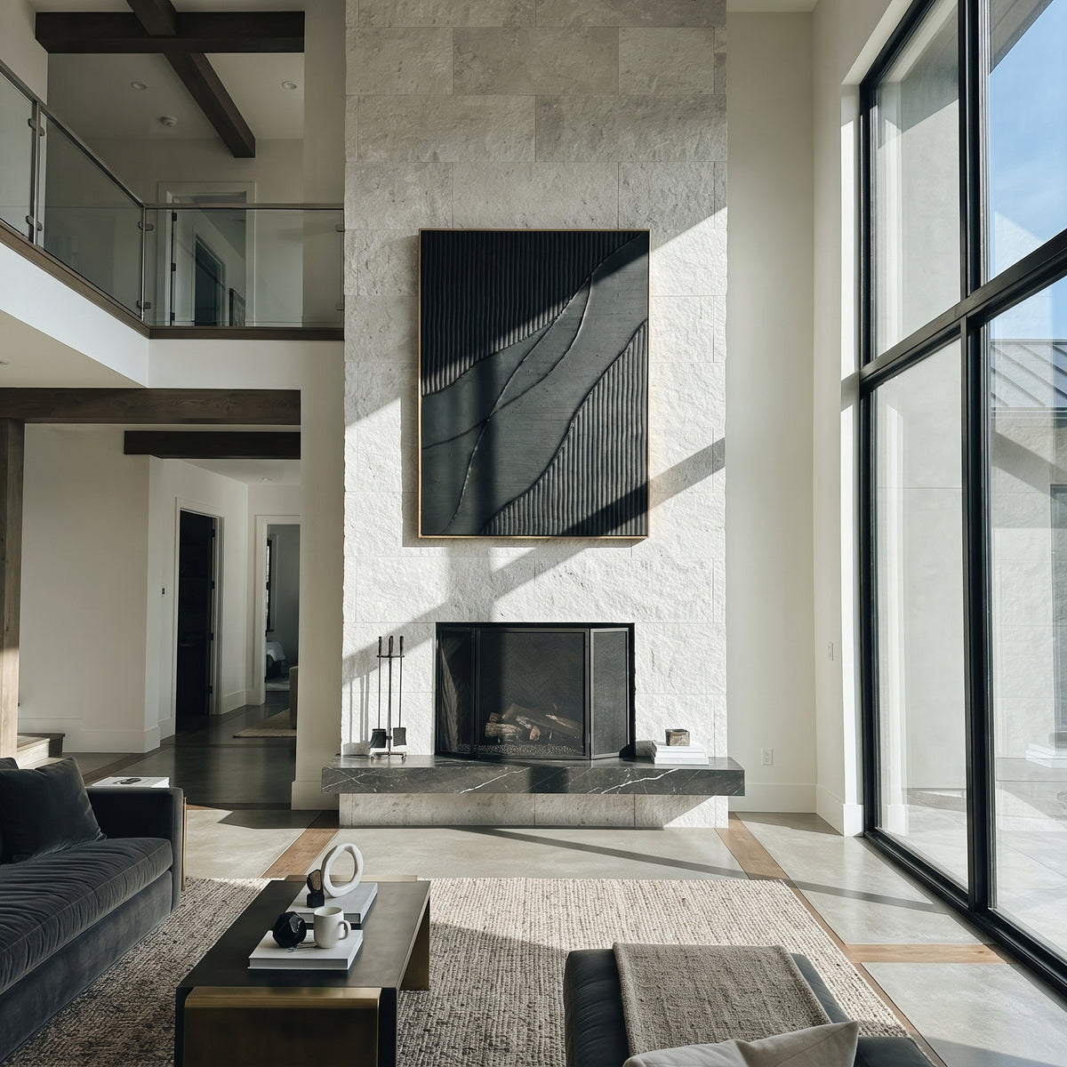 Slate Onyx Linen Tides Tension - textured abstract painting displayed in a styled interior