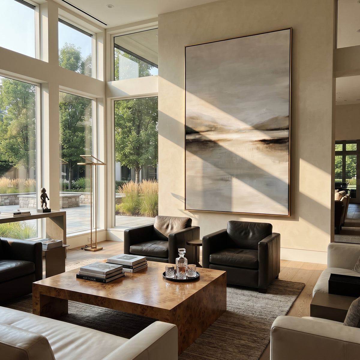 Slate Linen Horizon Currents Space - textured landscape painting displayed in a styled interior