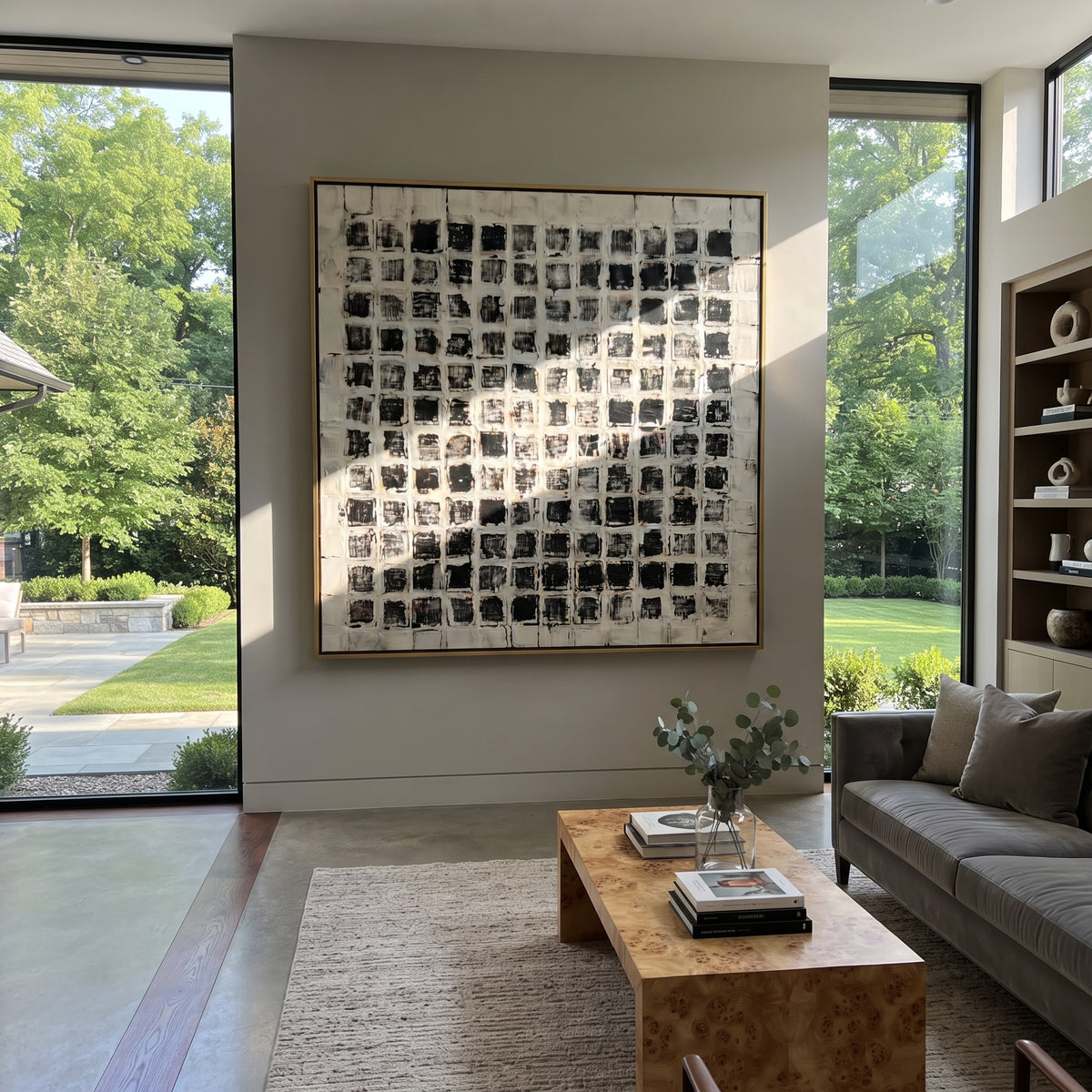 Linen Slate Umber Layers Quiet - textured abstract painting displayed in a styled interior