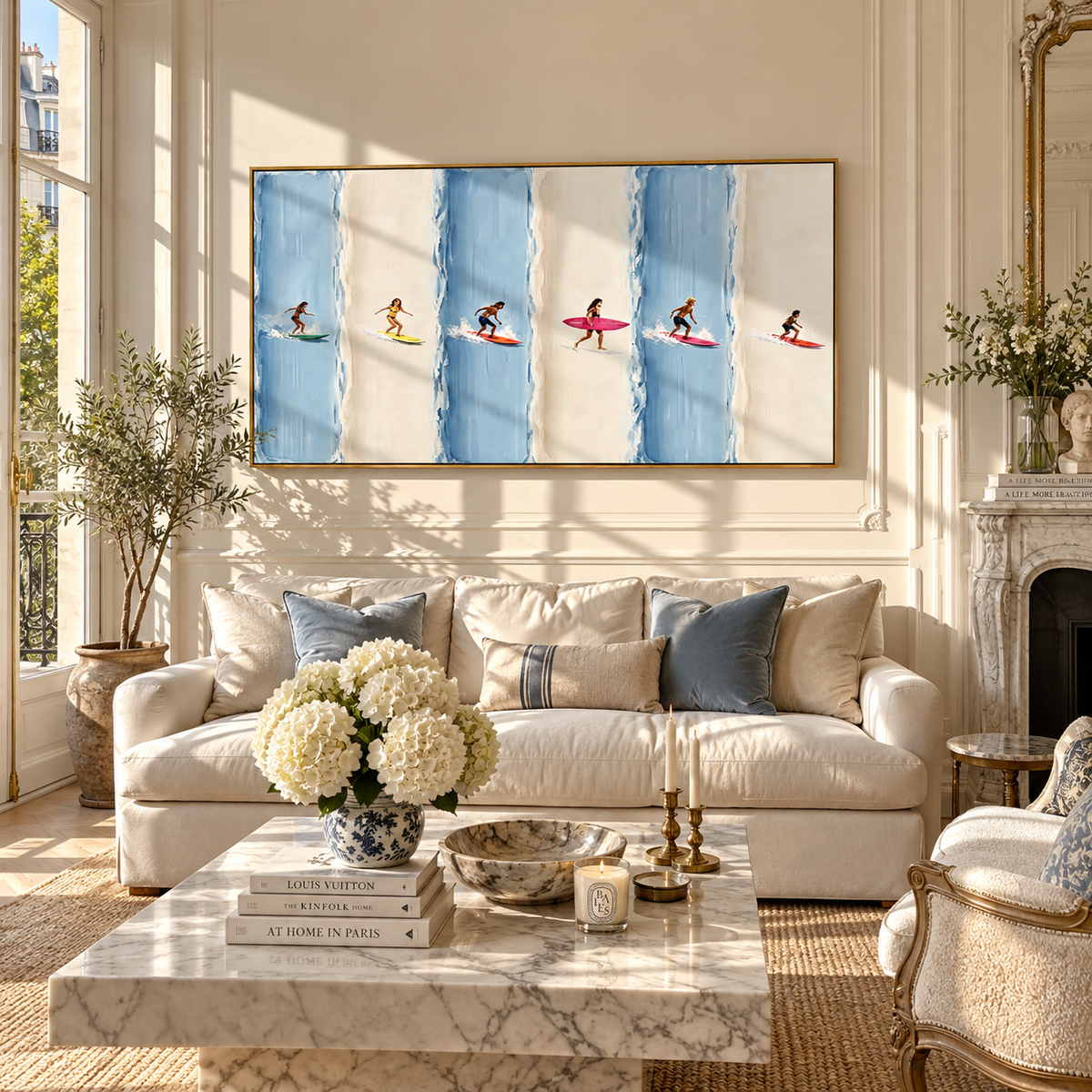 Ivory Azure Swimmers Intervals Motion - textured swimmer painting displayed in a styled interior