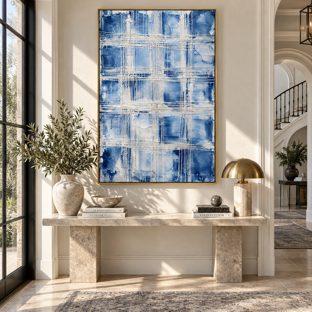 Azure Slate Linen Drift Depth - textured abstract painting displayed in a styled interior