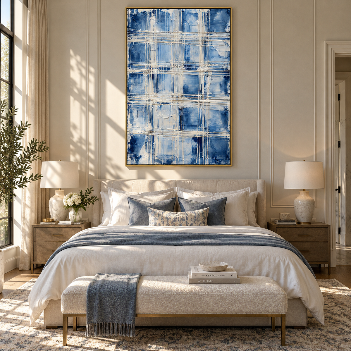 Azure Slate Linen Drift Depth - textured abstract painting shown in modern room setting 5
