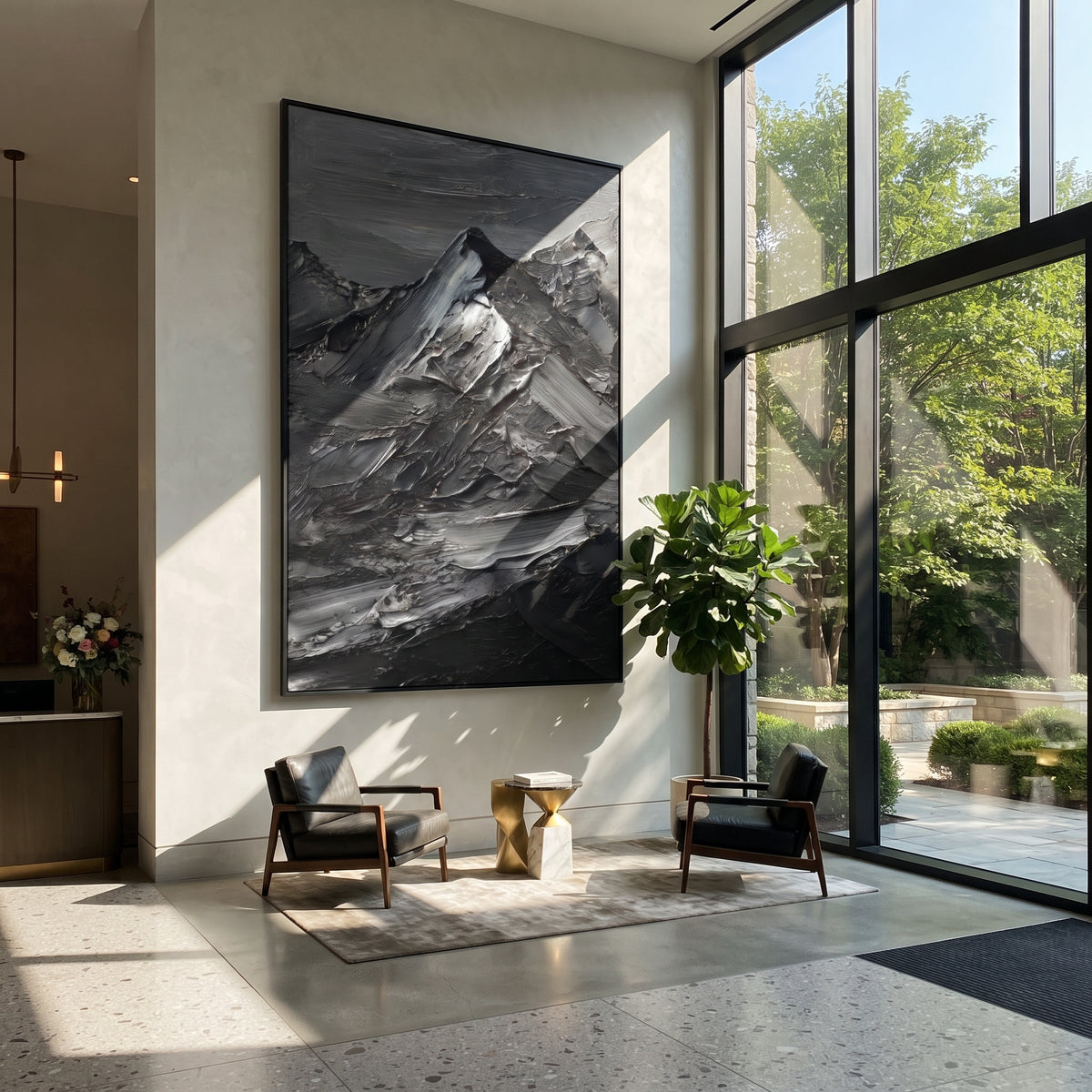 Slate Onyx Horizon Contours Silence - textured landscape painting displayed in a styled interior