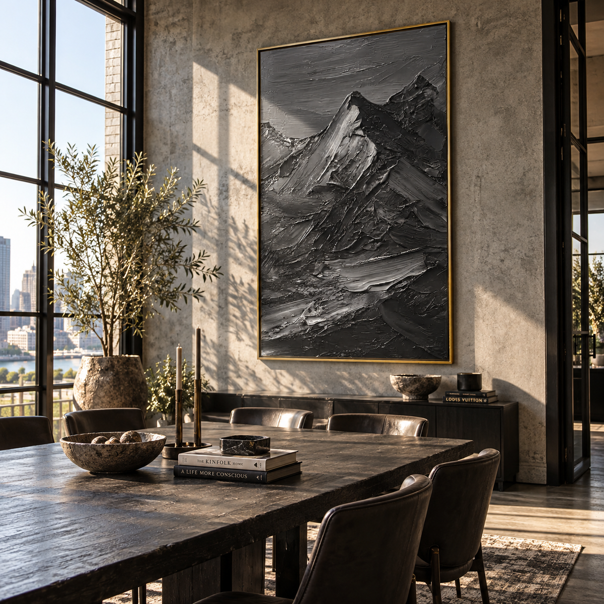 Slate Onyx Horizon Contours Silence - textured landscape painting shown in modern room setting 2