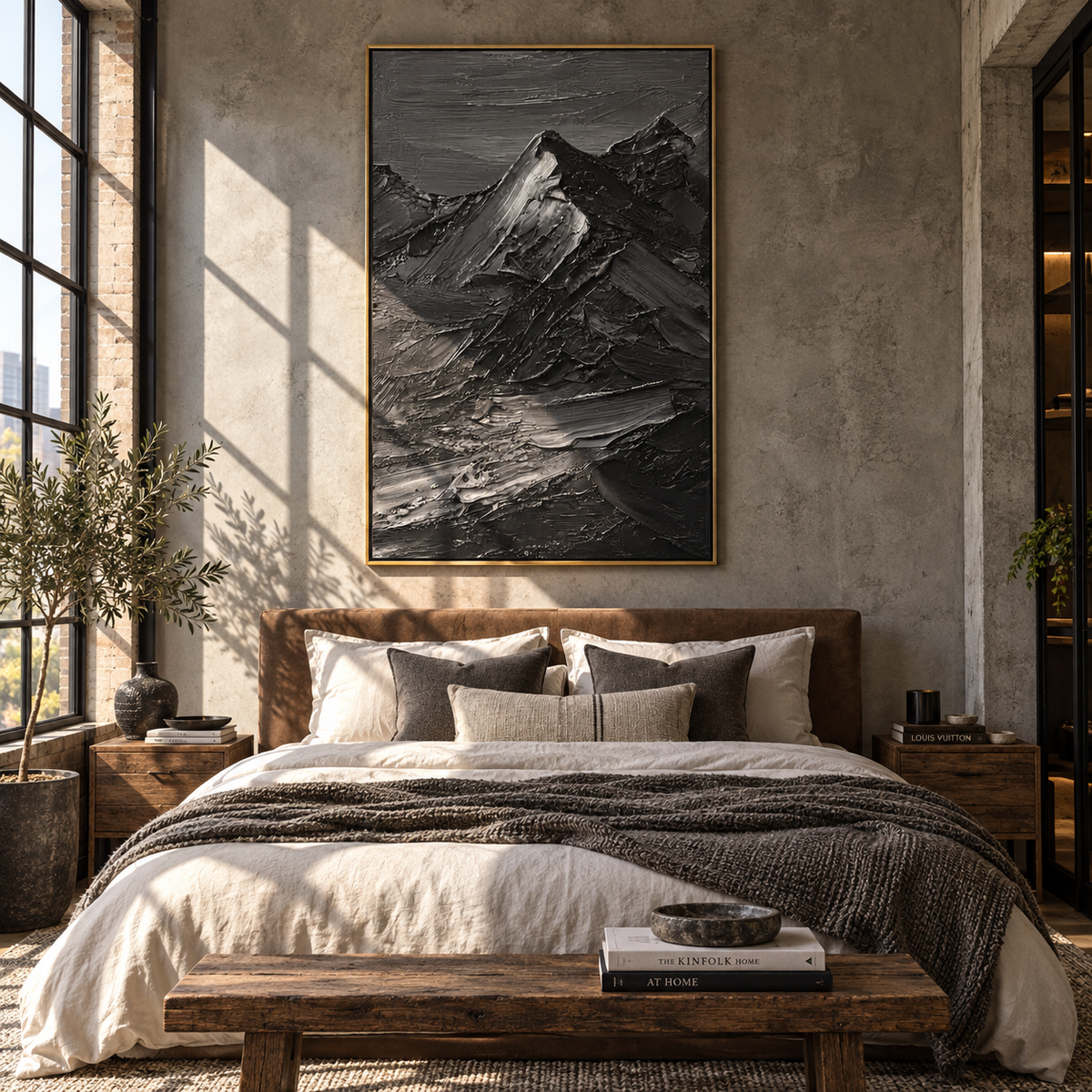 Slate Onyx Horizon Contours Silence - textured landscape painting shown in modern room setting 3