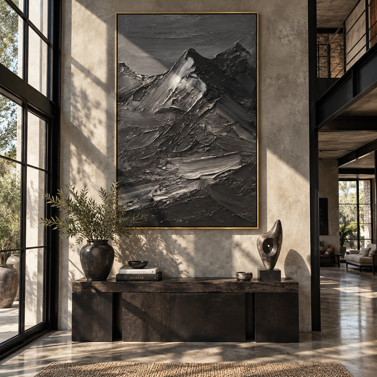 Slate Onyx Horizon Contours Silence - textured landscape painting shown in modern room setting 4