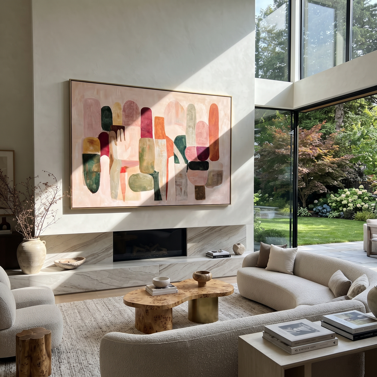 Linen Crimson Onyx Crossing Pause - textured abstract painting displayed in a styled interior
