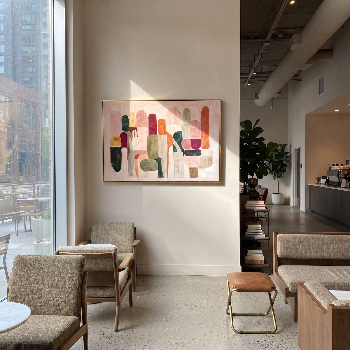 Linen Crimson Onyx Crossing Pause - textured abstract painting shown in modern room setting 2