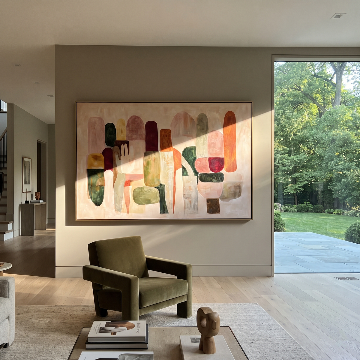 Linen Crimson Onyx Crossing Pause - textured abstract painting shown in modern room setting 4