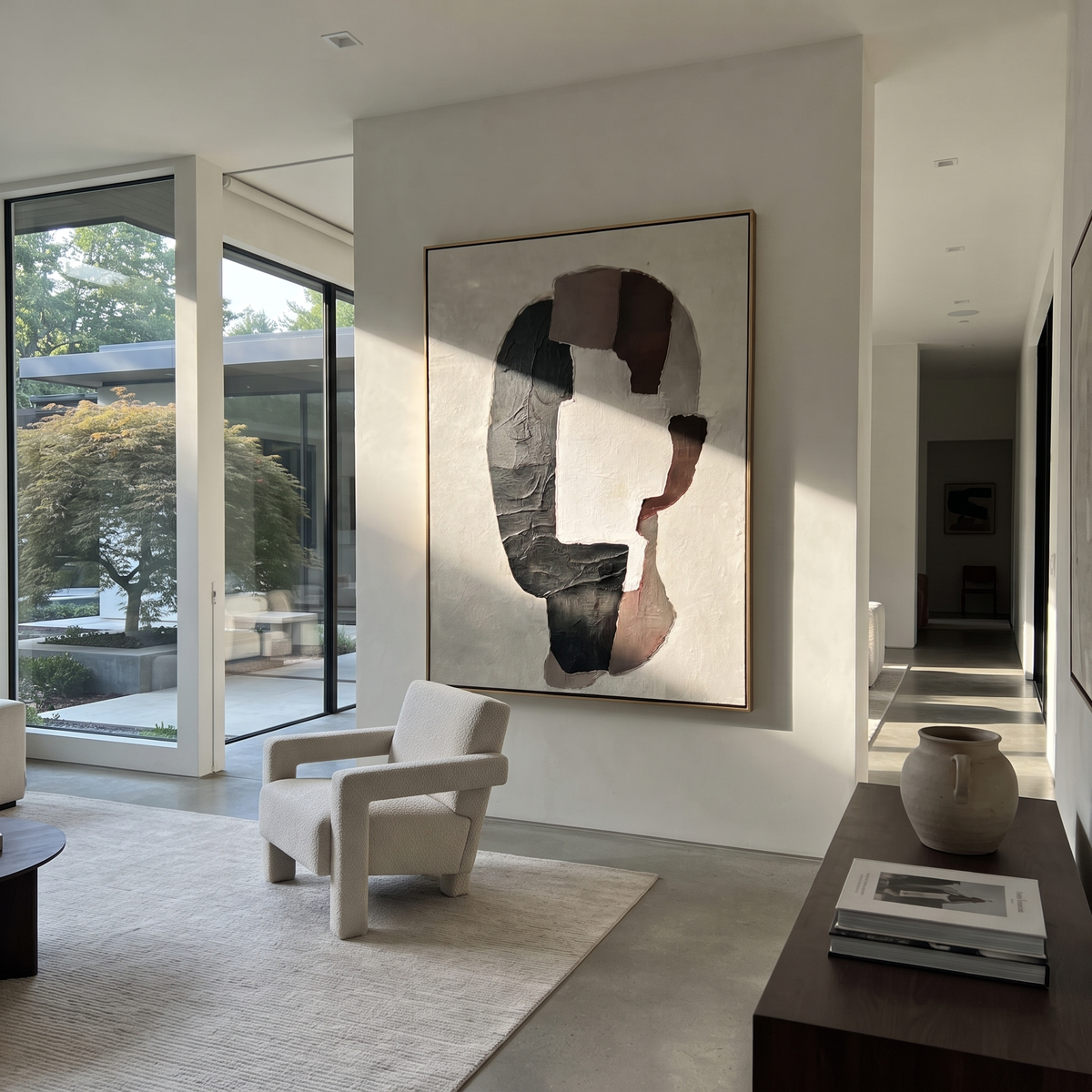 Slate Onyx Umber Rhythm Resonance - textured abstract painting displayed in a styled interior