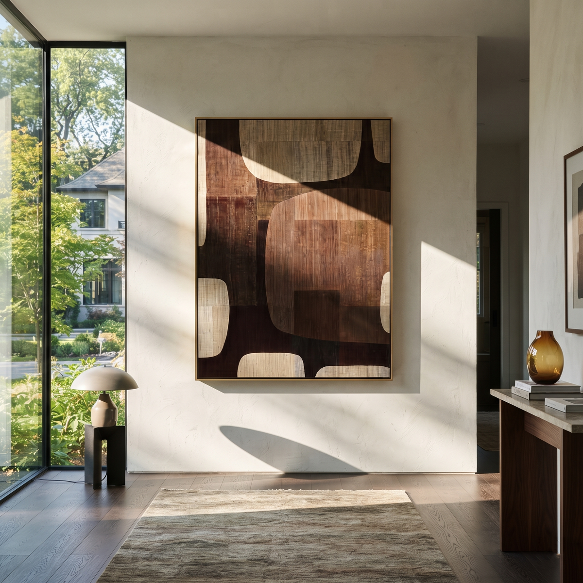 Umber Onyx Linen Relief Calm - textured abstract painting shown in modern room setting 2