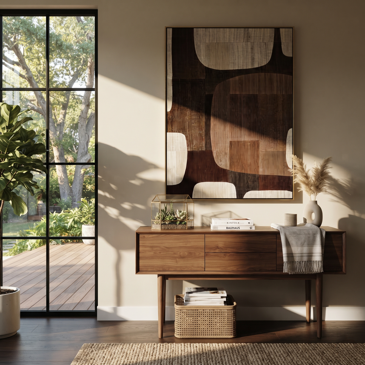 Umber Onyx Linen Relief Calm - textured abstract painting shown in modern room setting 5