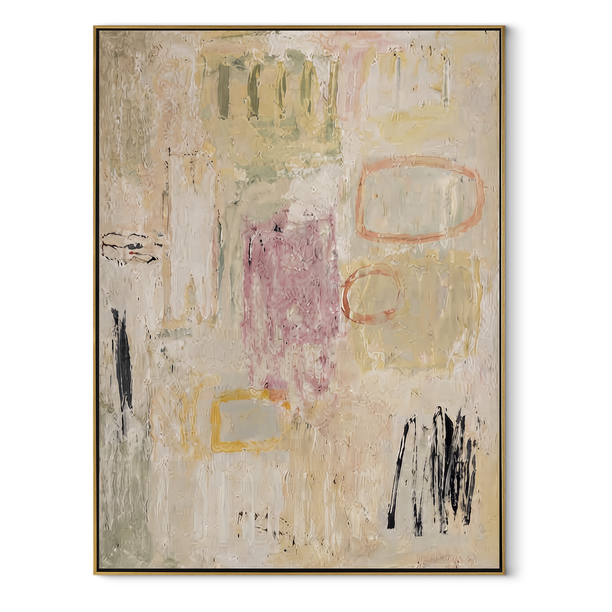 Linen Onyx Slate Strata Stillness - textured abstract painting in a wood frame on white