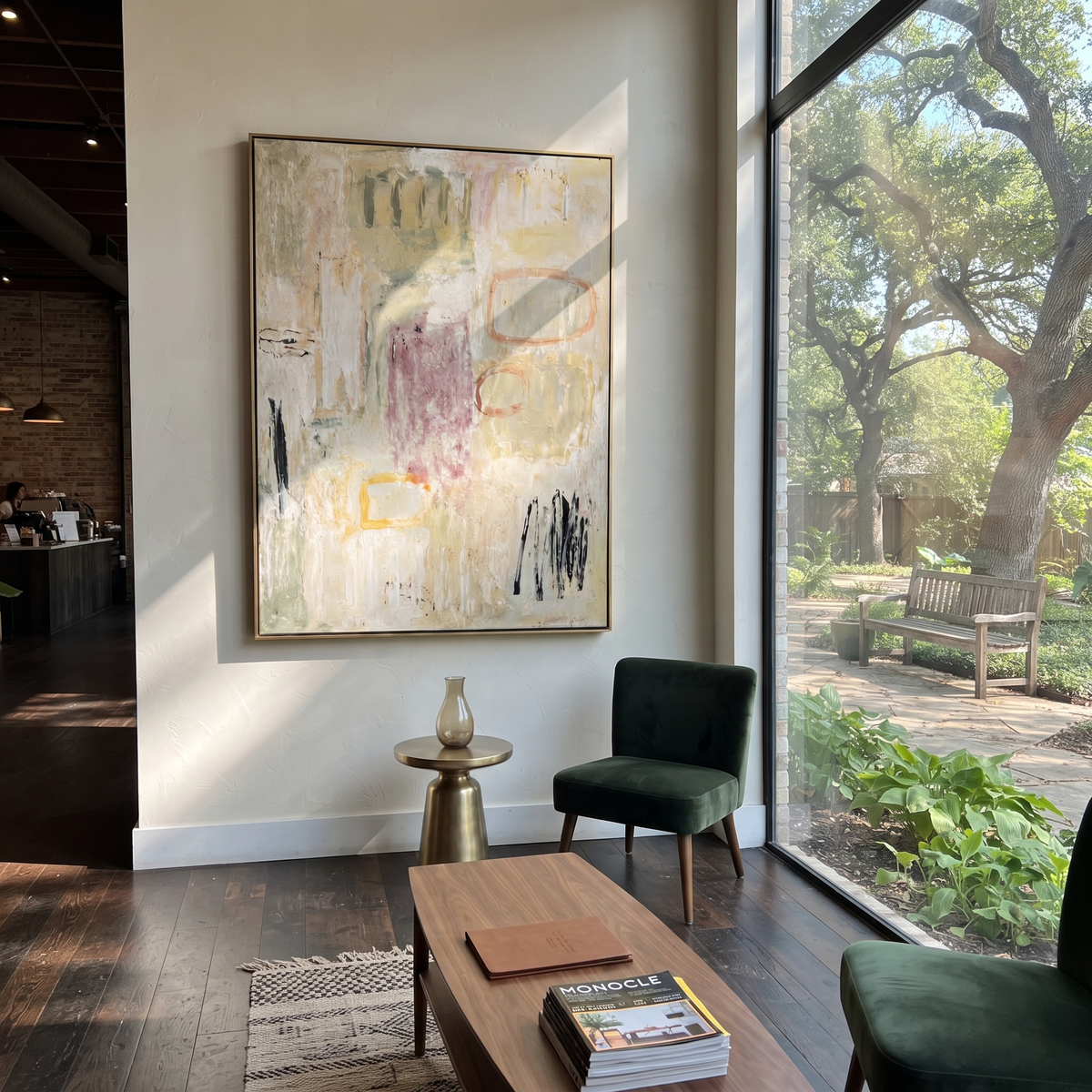 Linen Onyx Slate Strata Stillness - textured abstract painting shown in modern room setting 2