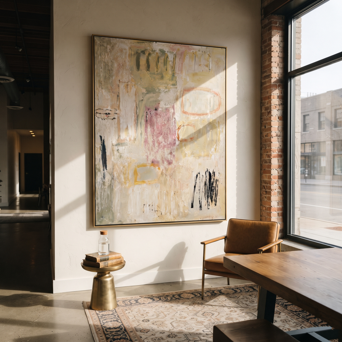 Linen Onyx Slate Strata Stillness - textured abstract painting shown in modern room setting 4