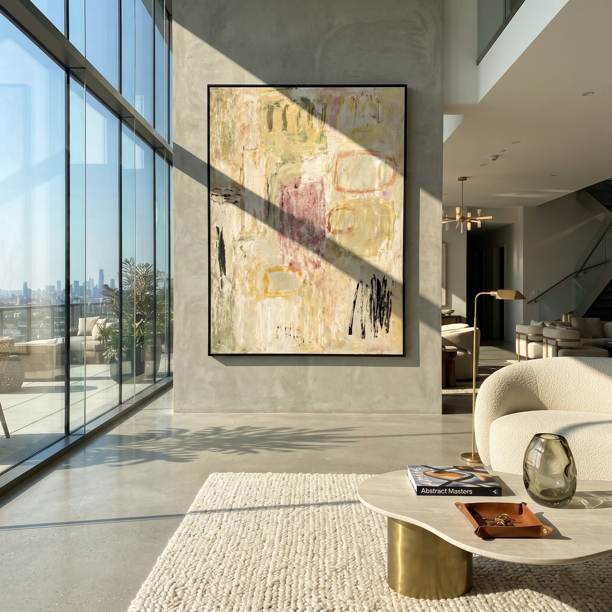 Linen Onyx Slate Strata Stillness - textured abstract painting shown in modern room setting 5