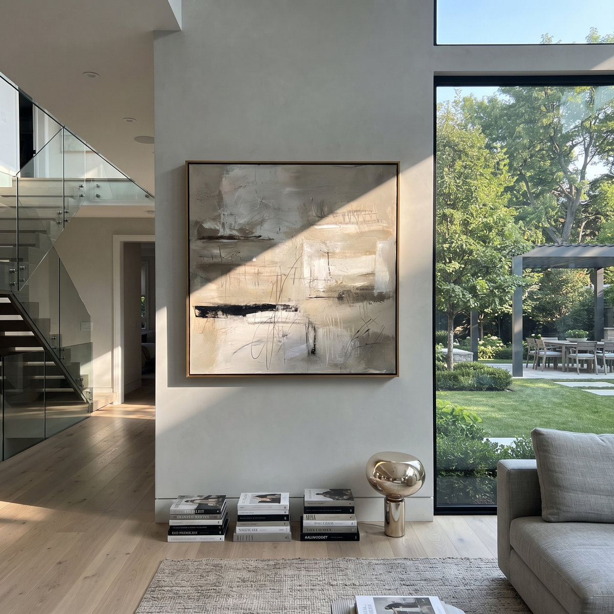 Slate Linen Umber Terraces Air - textured abstract painting shown in modern room setting 2