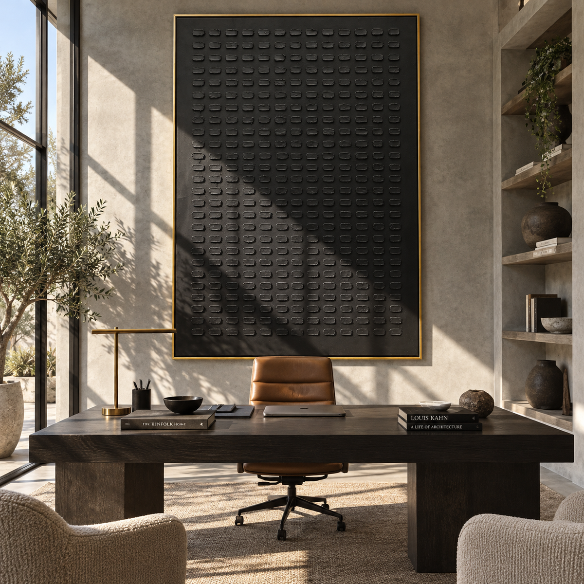 Onyx Slate Linen Horizon Rain - textured abstract painting shown in modern room setting 3