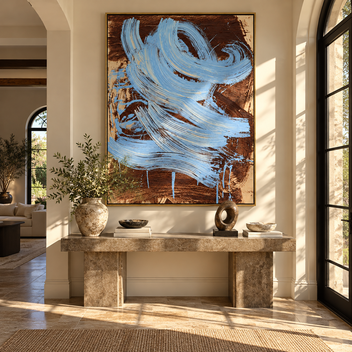 Azure Umber Onyx Fragments Cadence - textured abstract painting displayed in a styled interior